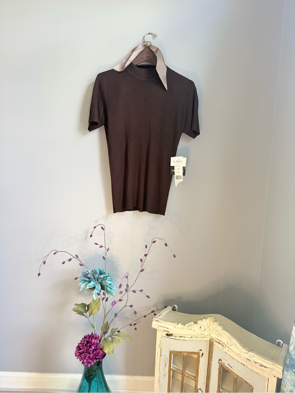 Espresso ribbed short sleeve mock neck top SILK